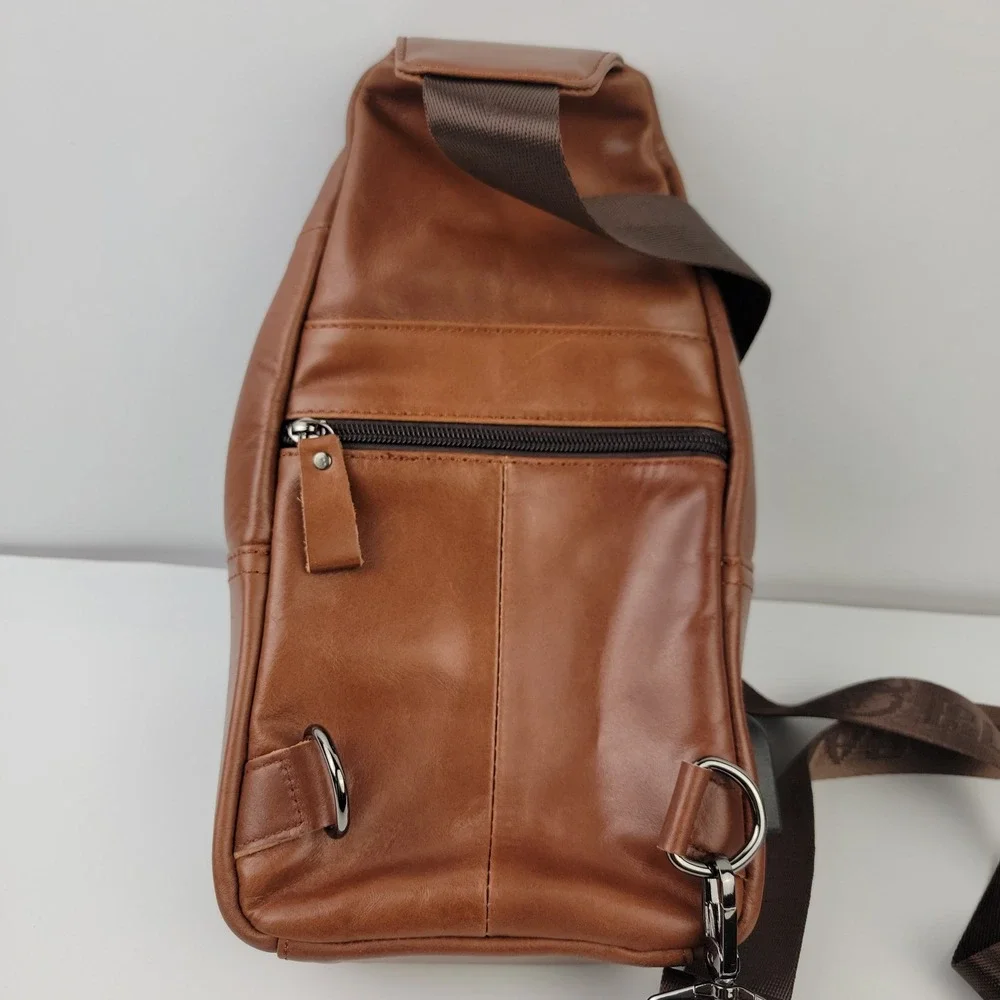 Bullcaptain Mens Brown Leather Sling Bag Crossbody Backpack with USB Port